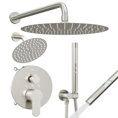 Shower Systems STARBATH 12+6" Round Dual Rainfall Shower Head with Handheld Spray for Two People, Wall Mounted 3 Way Rain Shower Faucet Sets Complete, Included Valve and Trim Kit, Brushed Nickel - color: Brushed Nickel, size: 6+12 inch-05