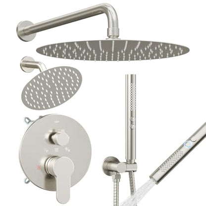 Shower Systems STARBATH 12+6" Round Dual Rainfall Shower Head with Handheld Spray for Two People, Wall Mounted 3 Way Rain Shower Faucet Sets Complete, Included Valve and Trim Kit, Brushed Nickel - color: Brushed Nickel, size: 6+12 inch-05