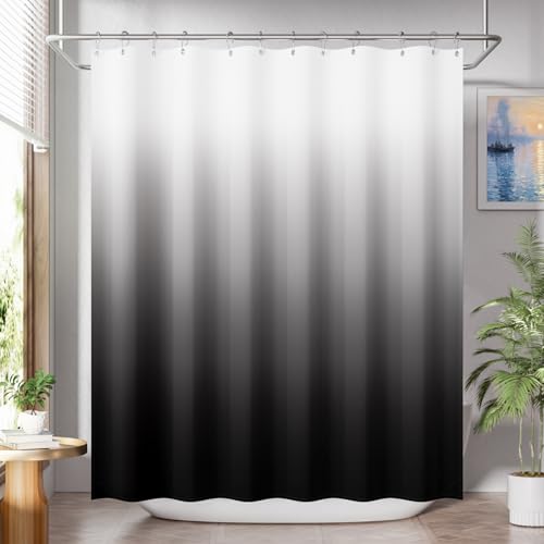 AmazerBath Shower Curtain, Ombre Black Fabric Shower Curtain Set with 12 Hooks, Farmhouse Cloth Black and White Shower Curtain, Washable Bathroom Shower Curtain Sets, 72x84 Inches - color: A- Black Ombre +12 Metal Hooks, size: 72"W x 84"L (Pack of 1)
