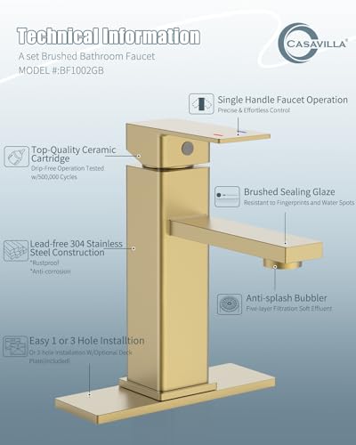 Bathroom Faucet, Brushed Gold Bathroom Sink Faucets & Parts(Pop-up Drain+6" Escutcheon Plate+Supply Hoses), Vanity Faucet for Vessel Sink, llaves para lavamanos de baño - color: 5.Brushed Gold(New), style: Short