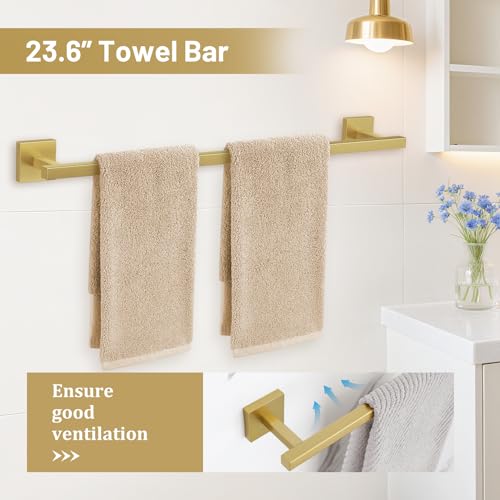 TURS Brushed Gold 5 Pieces Bathroom Hardware Set, SUS304 Stainless Steel 23.6 Inch Bath Towel Bar Set, Square Bathroom Accessories Kit Wall Mounted - color: Brushed Gold