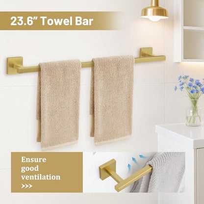 TURS Brushed Gold 5 Pieces Bathroom Hardware Set, SUS304 Stainless Steel 23.6 Inch Bath Towel Bar Set, Square Bathroom Accessories Kit Wall Mounted - color: Brushed Gold