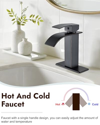 Midanya Waterfall Bathroom Faucet 1 Hole,Oil Rubbed Bronze | with 24” Hoses,Pop Up Drain,6” Deck Plate,for 1 or 3 Hole Vanity,Lavatory,RV,Single Handle Bathroom Sink Faucet,NSF Certified - color: Bronze