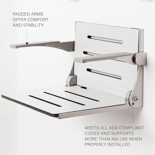 Seachrome Silhouette Comfort Folding Wall Mount Shower Bench Seat with Arms, White Seat with Silver Frame - color: White Seat With Silver Frame and Silver Arm Pads