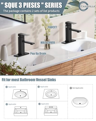 Bathroom Faucets Set with Pop Up Drain, Modern Single Handle Black Bathroom Sink Faucet w/Deck Plate(1 or 3 Hole), Farmhouse RV Vanity Sink Faucet-2 Sets, baño lavamanos Llave - color: 1.Matte Black, style: Short*2