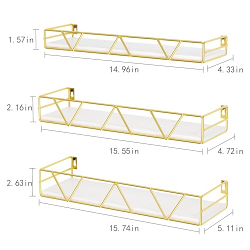 Floating Shelves Set of 3, Wood Wall Shelf, Farmhouse Shelf for Bedroom | Wall Mounted Floating Shelf for Living Room, Bedroom, Bathroom, Kitchen, Office - color: Gold