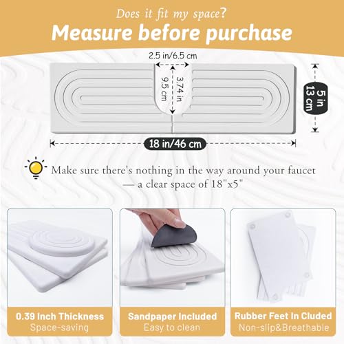 U Shape Sink Draining Mat Behind Faucet, Super Absorbent Diatomite Fast Drying Stone, Quick Drying Splash Guard, Prevents Moisture Buildup, Around Faucet Drip Mat for Kitchen Bathroom Counter, White - size: 18" x 5"