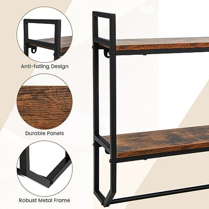 Giantex Wall Mounted Bathroom Shelves with Towel Bar, Industrial 2-Tier Over the Toilet Storage Organizer with Metal Frame, Wooden Wall Shelves, Floating Shelves for Bathroom, Kitchen, Living Room - color: Rustic Brown