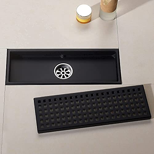 12 Inch Rectangular Shower Floor Drain, Detachable to Insert The Mesh Grille Cover, SUS304 Stainless Steel, Matt Black - color: Matt Black