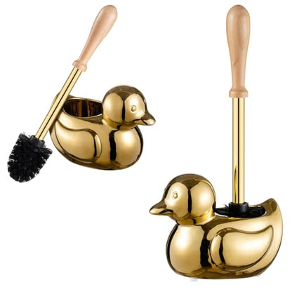 Gold Duck Toilet Brush and Holder Set,Non-Slip Handle Toilet Bowl Brush with Wooden & Stainless SteelHandle, Practical Bathroom Accessories Cleaning Tools Set，1 pcs - color: Gold