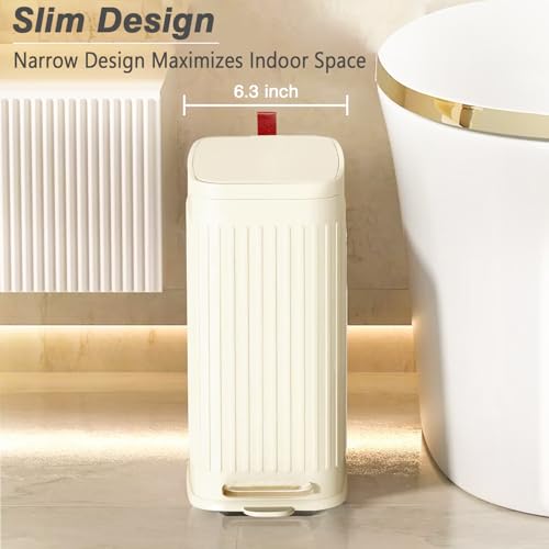 Small Bathroom Trash Can with Air Freshener Soft Close Lid, 6 Liter/ 1.6 Gallon Stainless Steel Garbage Can with Removable Inner Bucket,Step Pedal, Slim Wastebasket for Bedroom, Toilet (Ivory White) - color: Ivory White/1.6 Gal