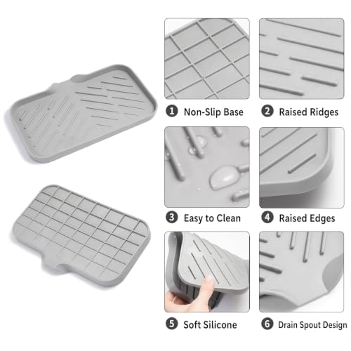 2 PCS Silicone Soap Dish with Drain, Soap Holder Sponge Drain Rack, Self-Draining Sink Organizer Tray for Kitchen & Bathroom - color: Grey