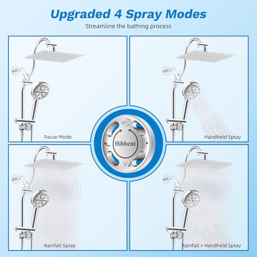 Hibbent High Pressue All Metal 12" Rainfall Shower Head, Handheld 10-Spray | cUPC Certified Chrome Dual Showerhead Combo, 4-way Diverter with Pause Mode, Brass Extension Arm, 71'' Shower Hose & Holder - color: Chrome, style: Square 12"