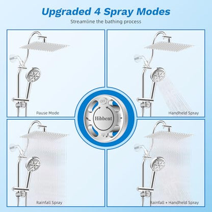 Hibbent High Pressue All Metal 12" Rainfall Shower Head, Handheld 10-Spray | cUPC Certified Chrome Dual Showerhead Combo, 4-way Diverter with Pause Mode, Brass Extension Arm, 71'' Shower Hose & Holder - color: Chrome, style: Square 12"