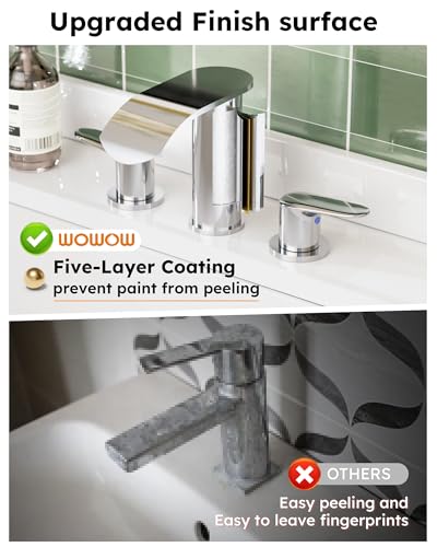 WOWOW Bathroom Faucets 3 Hole: Chrome 8 Inch Widespread Bathroom Sink Faucet Waterfall Spout, with Pop Up Drain and Water Supply, Suitable for Vanity Rv Commercial Lavatory Restroom - color: Chrome