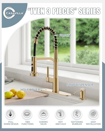 Gold Kitchen Faucet Soap Dispenser, Faucet for Kitchen Sink, Kitchen Sink Faucet with Deck Plate, RV Kitchen Faucet with Pull Down Sprayer and Dual Function Spray Head - color: C-Brushed Gold, style: Classic