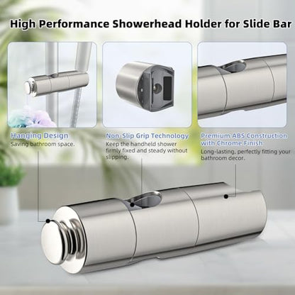 Hibbent Adjustable Shower Head Holder for Slide Bar, Universal 18.5-25mm Handheld Showerhead Bracket, Sprayer Holder with Hanging Design, No Drill Installation, Brushed Nickel - style: Brushed Nickel
