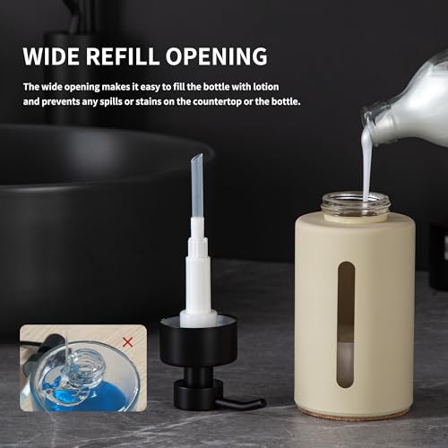 Enra Glass Lotion Dispenser with Window,12oz Bathroom Soap Dispenser Stainless Steel Lotion Hand Pump, Boho Liquid Soap Dispenser Countertop Lotion Bottle for Bathroom - color: Khaki