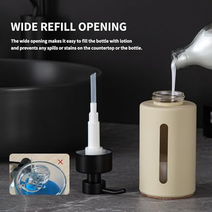 Enra Glass Lotion Dispenser with Window,12oz Bathroom Soap Dispenser Stainless Steel Lotion Hand Pump, Boho Liquid Soap Dispenser Countertop Lotion Bottle for Bathroom - color: Khaki
