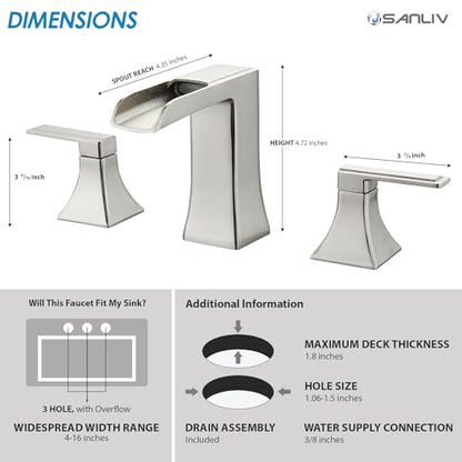 Brushed Nickel Bathroom Faucet, Sanliv Widespread Bathroom Faucet for 3-Hole Sinks 4-8 inch, 2-Handle Waterfall Vanity Faucets with Pop-Up Drain, Brushed Nickel - color: Brushed Nickel
