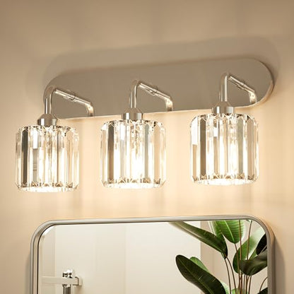 Keonjinn 3-Light Chrome Bathroom Light Fixtures, Crystal Bathroom Vanity Lights Over Mirror, Chrome Vanity Lighting Fixtures with Crystal Square Shades (E26 Base, Exclude Bulb) - color: Chrome, size: 3-Light