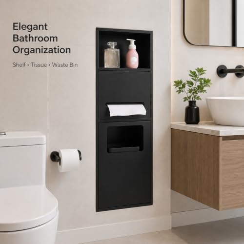 Recessed Toilet Paper Holder, Stainless Steel Shower Nich, Waterproof Bathroom Niche, Built-in Hidden Trash Can Tilt Out Trash Bin Cabinet for Kitchen Living Room Bedroom Hotel Residential (Black) - color: Black
