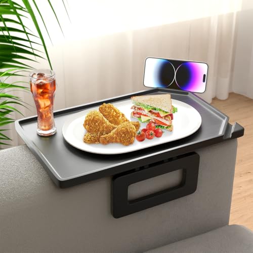 Smatdecis Couch Arm Tray Table Sofa Arm Clip, Armrest Tray Table Suitable for Home Drinks/Fast Food/Fruit Etc, Large Size Multi-Function Black(Dual Phone/Tablet Holder) - color: Black, size: 13" x 9.4"(Upgrade)
