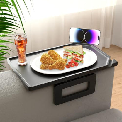 Smatdecis Couch Arm Tray Table Sofa Arm Clip, Armrest Tray Table Suitable for Home Drinks/Fast Food/Fruit Etc, Large Size Multi-Function Black(Dual Phone/Tablet Holder) - color: Black, size: 13" x 9.4"(Upgrade)