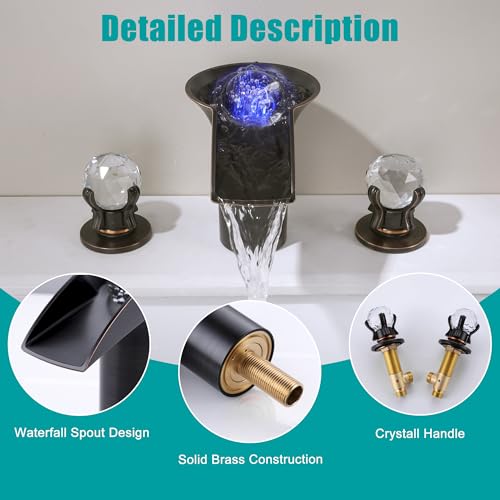 SKOWLL Oil Rubbed Bronze Waterfall Bathroom Faucet 3 Hole, Free Floating Crystal Ball with LED Light, Two Handle 8 Inch Widespread Faucet for Bathroom Sink - color: Oil Rubbed Bronze