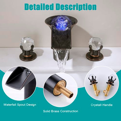 SKOWLL Oil Rubbed Bronze Waterfall Bathroom Faucet 3 Hole, Free Floating Crystal Ball with LED Light, Two Handle 8 Inch Widespread Faucet for Bathroom Sink - color: Oil Rubbed Bronze