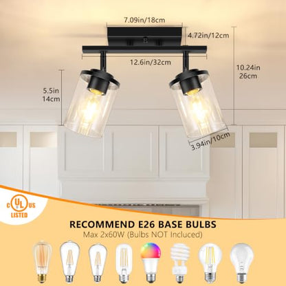 FadimiKoo 2-Lights Semi Flush Mount Ceiling Light, Modern Black Kitchen Light Fixtures Ceiling with Clear Glass Shade, Multi-Directional Track Lighting Kit for Entryway Bathroom Bedroom - color: Black, size: 2-Lights