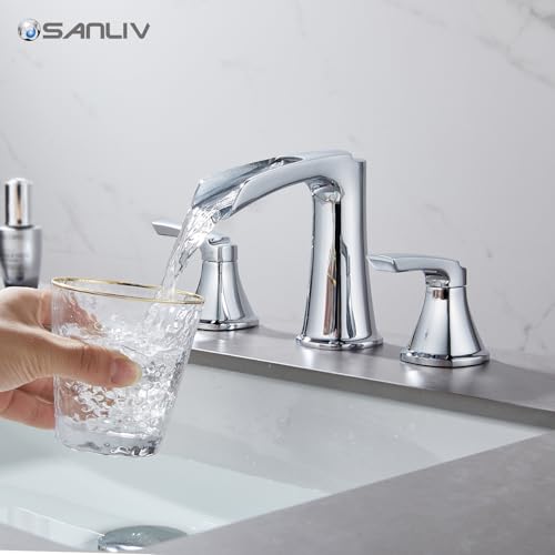 Chrome Waterfall Bathroom Faucet, Sanliv 3-Piece Widespread Bathroom Sink Faucets, 2-Handle Vanity Faucet for 3-Hole Sinks 4-8 Inch with Pop-Up Drain, ‎Polished Chrome - color: Chrome