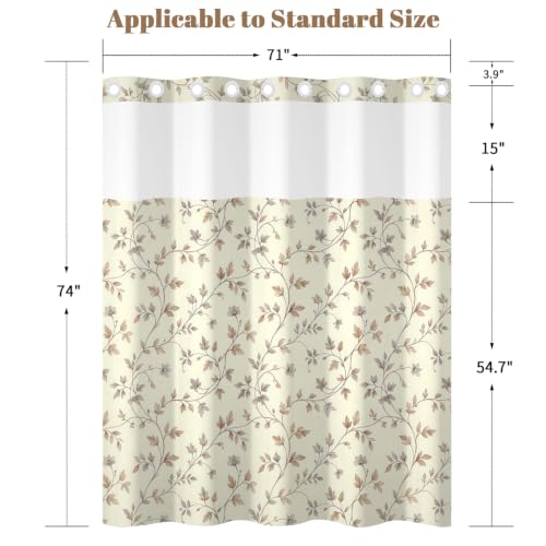 Beige Botanical Shower Curtain with Snap in Liner, 71x74 Inch | No Hooks Needed, Mesh Top & Double Layer Waterproof Bath Curtain, Neutral Plant Vine & Leaf Design for Farmhouse Bathroom - color: Foliage