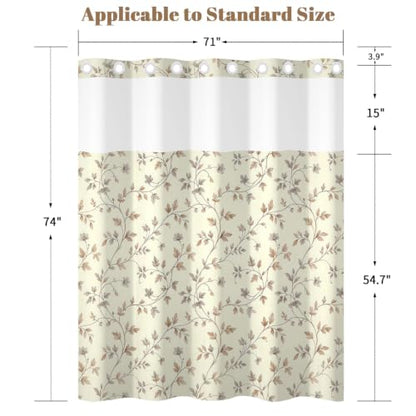 Beige Botanical Shower Curtain with Snap in Liner, 71x74 Inch | No Hooks Needed, Mesh Top & Double Layer Waterproof Bath Curtain, Neutral Plant Vine & Leaf Design for Farmhouse Bathroom - color: Foliage