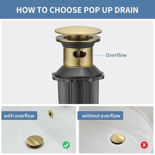 Bathroom Sink Pop Up Drain Stopper, BWE Brushed Gold Finish Stainless Steel Drain with Overflow, Household Universal Vanity Sink Drain Replacement - color: Brushed Gold