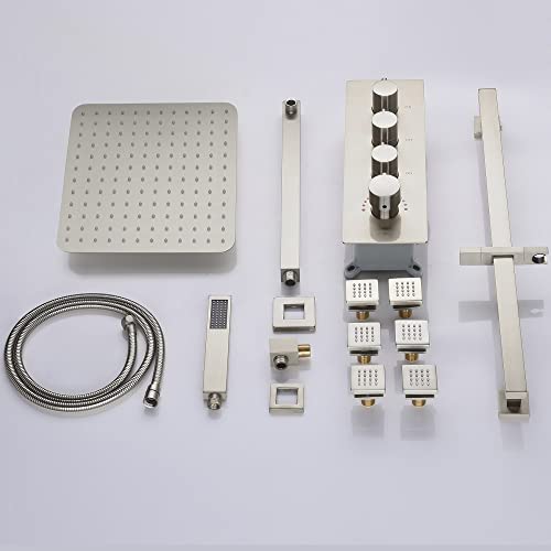 Cascada Luxury 12” Rainfall Shower set (Wall Mounted) with 4 knob thermostatic Valves & 3 functions (Rainfall, Body jets & Hand Shower) (Brushed Nickel) - color: Brushed Nickel