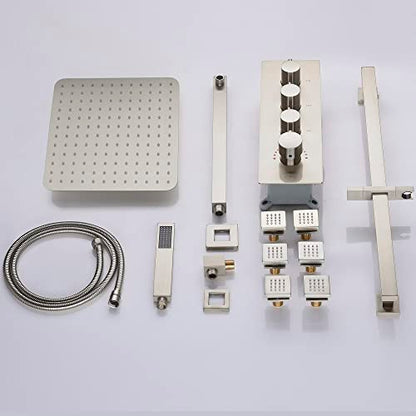 Cascada Luxury 12” Rainfall Shower set (Wall Mounted) with 4 knob thermostatic Valves & 3 functions (Rainfall, Body jets & Hand Shower) (Brushed Nickel) - color: Brushed Nickel