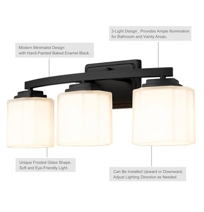 Tawson Adam Modern 3-Light Vanity Light Industrial Wall Sconce Lighting Fixture with Etched Glass Shade in Dark Bronze Black Finish for Bathroom, Hallway, Kitchen, Mirror