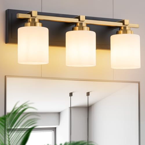 Modern Bathroom Light Fixtures Over Mirror, Vanity Lights for Bathroom Wall Sconces with Milky White Glass Shades, E26 Socket (Bulbs Not Included), 3 Light, Black Gold - color: Black Gold - Milky White Glass Shades, size: 3-Lights