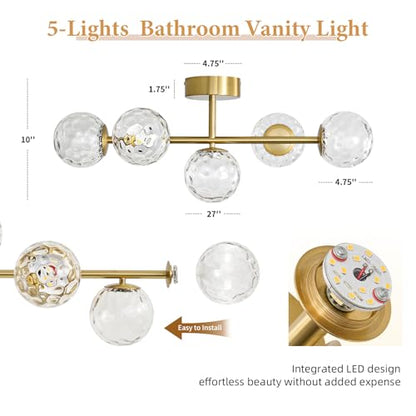 ALIYIQI LED Bathroom Vanity Light Fixtures,Brushed Gold Brass Bathroom Light Fixtures - color: Gold Hammered Glass, size: Integrated LED