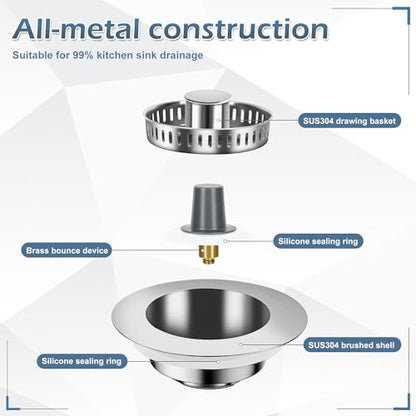 3 in 1 Kitchen Sink Stopper,304 Stainless Steel Kitchen Sink Drain Strainer Fits for Most Kitchen Drain, Easy to Install, Use, and Clean; Works Effectively