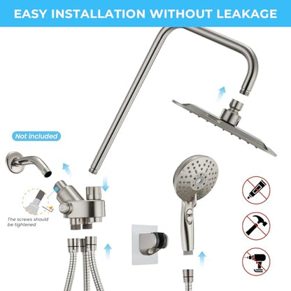 Dual Shower Head Combo, 8'' High Pressure Rain Shower Head with Handheld Spray, 6+1 Spray Settings Handheld Showerhead, Height Adjustable, One-touch Pause Button, Brushed Nickel - color: Brushed Nickel