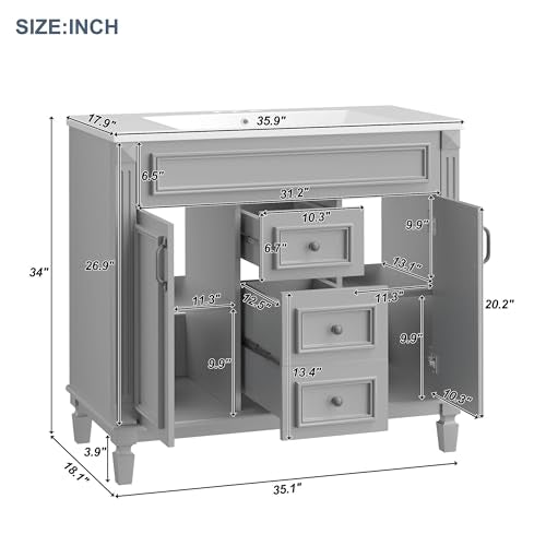Merax 36" Bathroom Vanity with Sink, 2 Doors & 2 Drawers Storage Cabinet | Freestanding Single Bathroom Sink Vanity Cabinet Set with 36" Ceramic Sink (Sink Cabinet Only, Gray) - color: Grey, style: Sink Cabinet Only