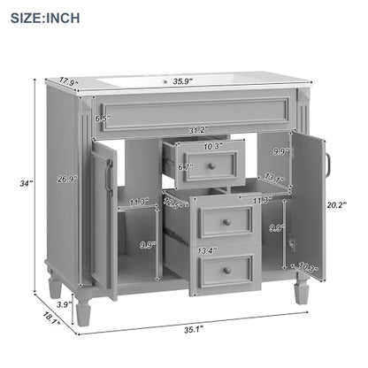 Merax 36" Bathroom Vanity with Sink, 2 Doors & 2 Drawers Storage Cabinet | Freestanding Single Bathroom Sink Vanity Cabinet Set with 36" Ceramic Sink (Sink Cabinet Only, Gray) - color: Grey, style: Sink Cabinet Only