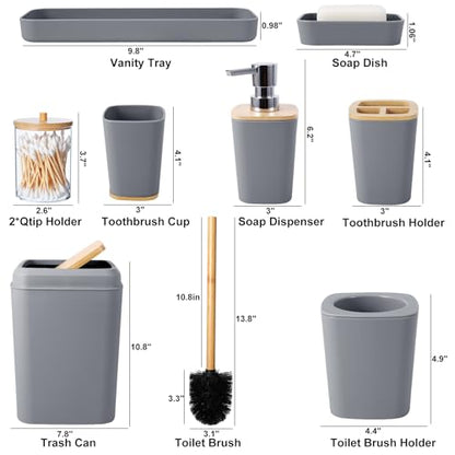 Grey Bathroom Accessories Set with Trash Can 9 Piece Grey Bathroom Decor Toothbrush Holder,Toothbrush Cup,Lotion Soap Dispenser,Vanity Tray,Soap Dish,Toilet Brush,Qtip Holder - size: Bath Set, style: Grey