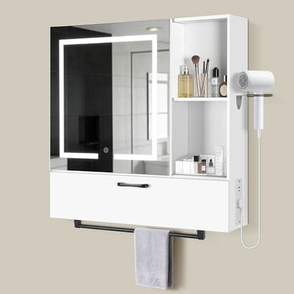 LED Lighting with Socket and USB Bathroom Medicine Mirror Cabinet,Color Changing Anti Fog Light Strip,Equipped with Hair Dryer Rack and Towel Rack,Embedded or Wall Mounted,White