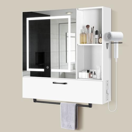 LED Lighting with Socket and USB Bathroom Medicine Mirror Cabinet,Color Changing Anti Fog Light Strip,Equipped with Hair Dryer Rack and Towel Rack,Embedded or Wall Mounted,White