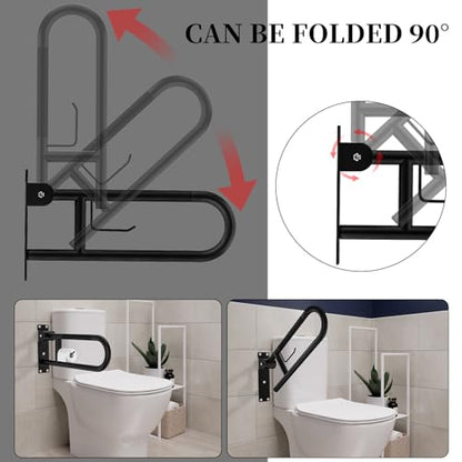 Toilet Grab Bar 24 Inch,YuanDe Matte Black Anti-Slip U-Flip-Up Handrails | Stainless Steel,Knurled Grip, Paper Holder, Toilet-Side Use, Sit/Stand Assistance, Elderly/Disabled/Pregnant Safety Assist - color: Matte Black, size: 24 IN