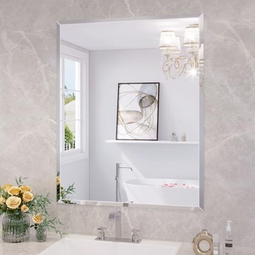 Frameless Bathroom Mirror, 24"x30" Beveled Bathroom Vanity Mirror | 15mm beveled edge, frameless, 5mm HD glass, anti-rust, french cleat, horizontally or vertically, for bathroom/bedroom - size: 24"L x 30"W
