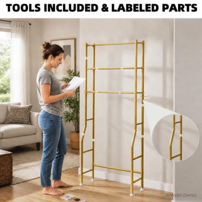 GloTika 3-Tier Over Toilet Storage, Anti-Tilt, 64" H, Gold | Anti-Tilt Safety System, 150lb Capacity, Carbon Steel, Freestanding, No Drilling, Anti-Rust Coating, Paper Holder & 4 Hooks - color: Gold, size: 3-Tier